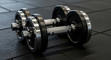 Fototapeta premium Metal dumbbells on a gym floor—symbolizing youth strength, energy, growth, and the active spirit of International Youth Day.