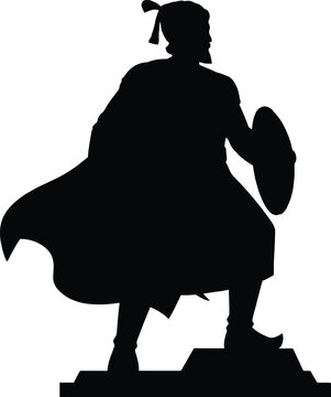 Powerful black silhouette of the legendary Indian Maratha warrior king Chhatrapati Shivaji Maharaj standing proudly with a shield and sword for historical monuments.