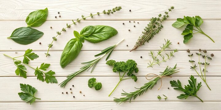 Culinary herbs scattered artfully on a wooden surface for a fresh flavor experience in everyday cooking