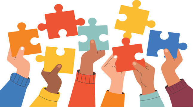 Hands of diverse people raising puzzle pieces symbolizing teamwork collaboration unity and problem solving concept isolated vector illustration