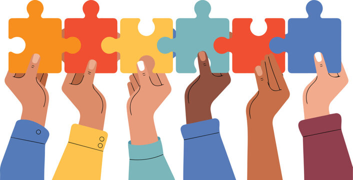 Hands of diverse people raising puzzle pieces symbolizing teamwork collaboration unity and problem solving concept isolated vector illustration