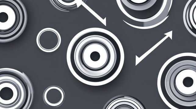 Concentric circles pattern on a dark gray background with white arrows pointing