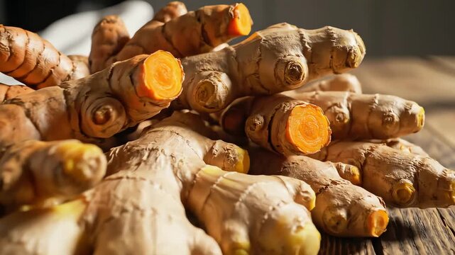 Close up of fresh turmeric root displayed on a wooden surface