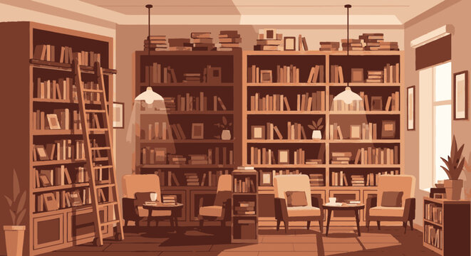 Vintage Library with Bookshelves and Reading Area.