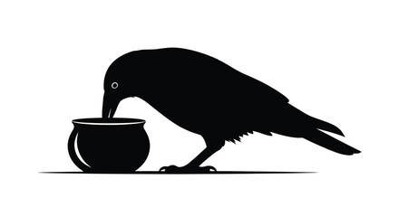 A black raven drinking from a pot a striking silhouette © Taylor