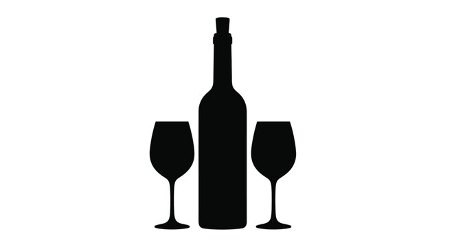Wine bottle and glasses presented as a stark black silhouette