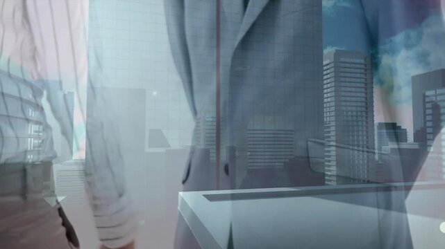 Animation of data processing on screens over pedestrians walking in fast motion