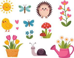 Cute spring garden animals and nature elements vector set with hedgehog chick snail butterfly flowers sun mushroom illustration collection © MdTajemul