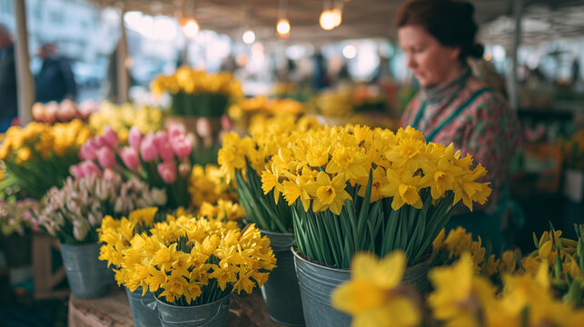 Fresh yellow daffodil flowers for sale at spring market florist stall seasonal blossom concept