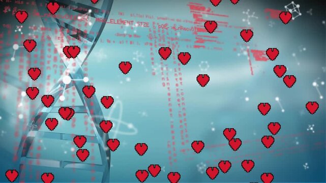 Animation of flying heart shapes and dna helix and programming language over abstract background
