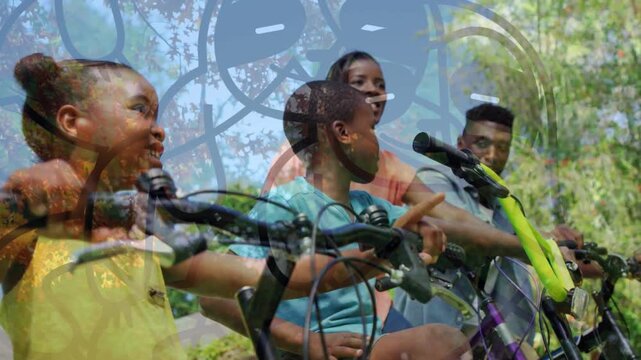 In the image, a family is smiling and biking together in a park