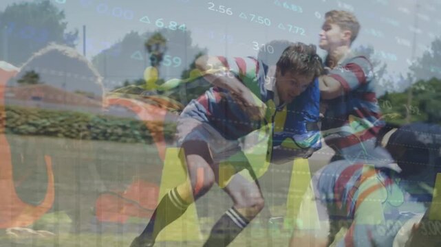 Animation of financial data processing over diverse rugby players
