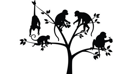 A playful group of monkeys relaxing in a tree silhouette © Taylor