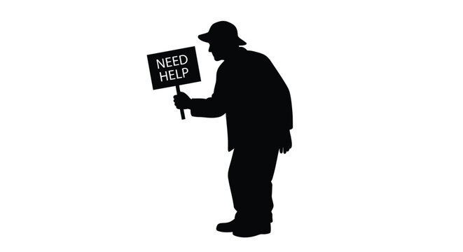 Man holding a sign requesting help depicted as a dark silhouette