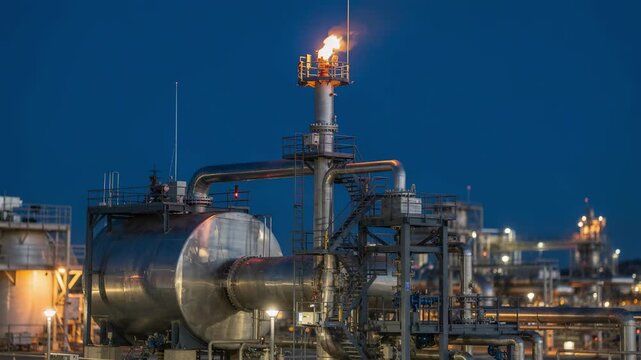 Medium shot capturing the pilotonly flare system lit cautiously atop the flare stack linked to the knockout drum and supporting pipelines highlighting emergency preparedness.