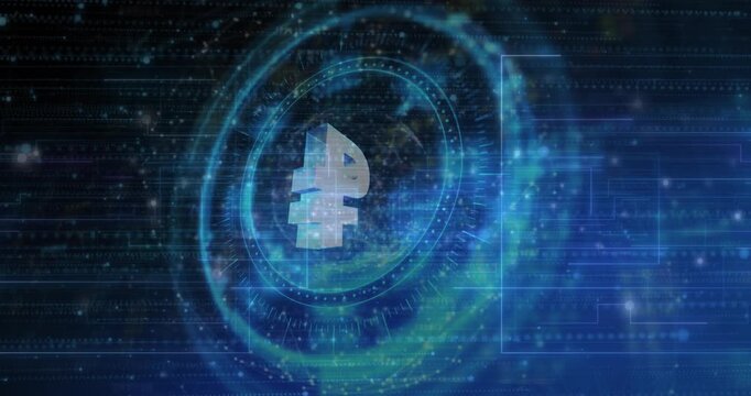 Animation of cryptocurrency p symbol, scopes scanning and data processing