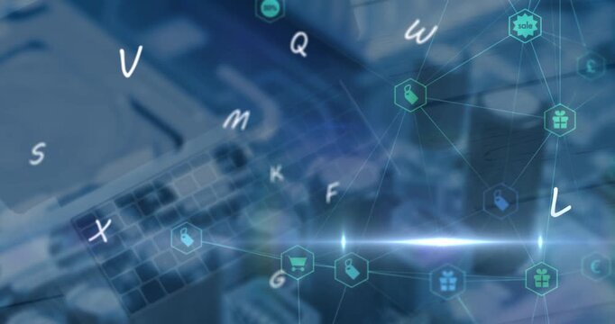 Animation of letter, lens flares, icons connected with lines over laptop and electronic component