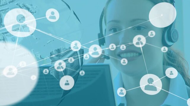 Animation of network of connections with icons over caucasian businesswoman using phone headphones