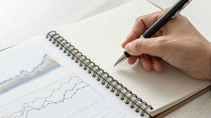 A hand writes in a spiral notebook next to printed charts and graphs, indicating note-taking or analysis of financial or business data.
