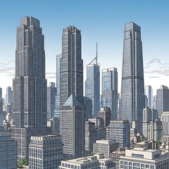 Fototapeta premium Cityscape of Modern Skyscrapers Under a Clear Blue Sky.