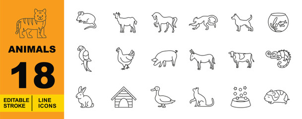 Fototapeta premium Common Pets & Farm Animals Line Icons. Editable stroke vector icons for veterinary and pet care. Featuring horses, dogs, cats, pigs, rabbits, and domestic animal symbols for animal shelter or pet shop