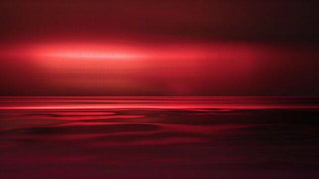 A red ocean with a red sky in the background. The sky is filled with red clouds and the ocean is calm