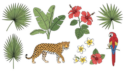 A cheetah walks through a tropical forest with palm trees, hibiscus flowers, and a colorful parrot. © Stock Image Paradise