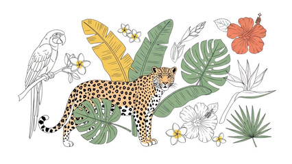 A cheetah stands among tropical leaves and flowers with a parrot. © Stock Image Paradise