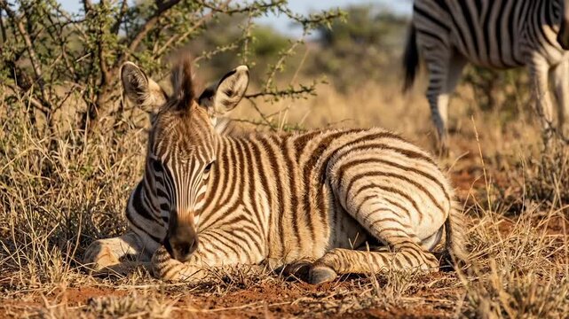 Young zebra foal resting on the ground in the african savanna