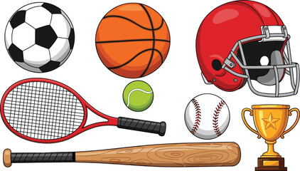 Sports Equipment Collection with Soccer Ball Basketball Tennis Racket Baseball Bat Helmet Trophy Vector Illustration Set