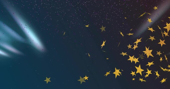 Golden star cluster appearing right scattering while light beams sweeping showing white specks