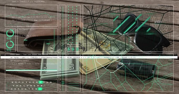 HUD activating scan, overlay pulsing then fading as cash and wallet showing values for audit