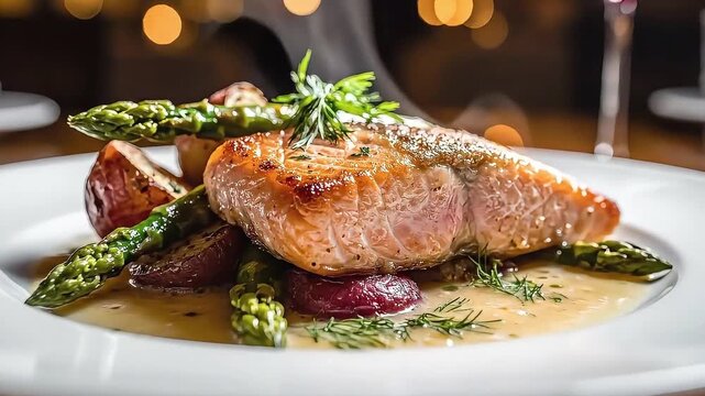 Delicious salmon fillet with roasted potatoes and asparagus served in a gourmet restaurant setting.