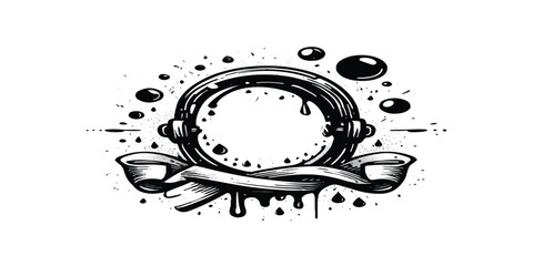 Fototapeta premium Hand-drawn empty circular frame with ribbon and ink drips, decorative design element, black and white, copy space