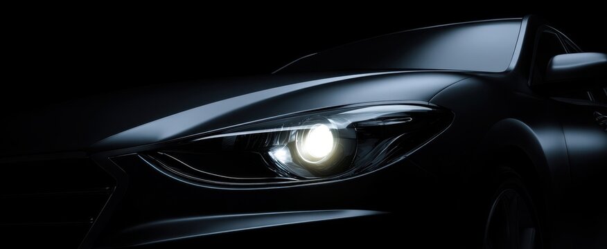 The car headlight of a sleek modern black sedan in dramatic low lighting