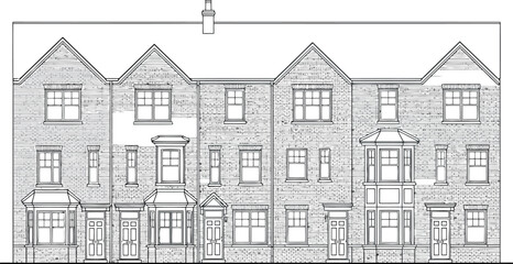 Fototapeta premium Architectural drawing of a multi story building with gabled roofs isolated on transparent background