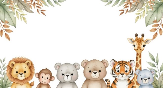 Cute Watercolor Safari Animals Border - Baby Shower, Jungle Theme, Kids Party