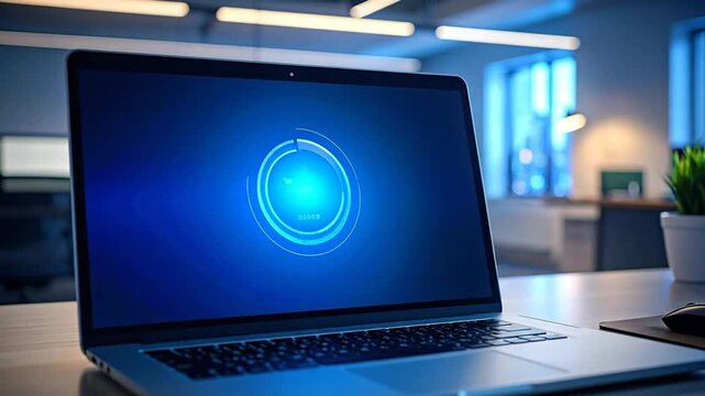Laptop displaying a loading screen in a modern office environment, symbolizing progress.