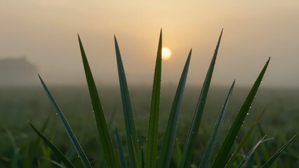 Serene Sunrise Through Dewy Palm Fronds in Misty Field Capturing Tranquil Natural Beauty with Soft Golden Light and Vibrant Greenery