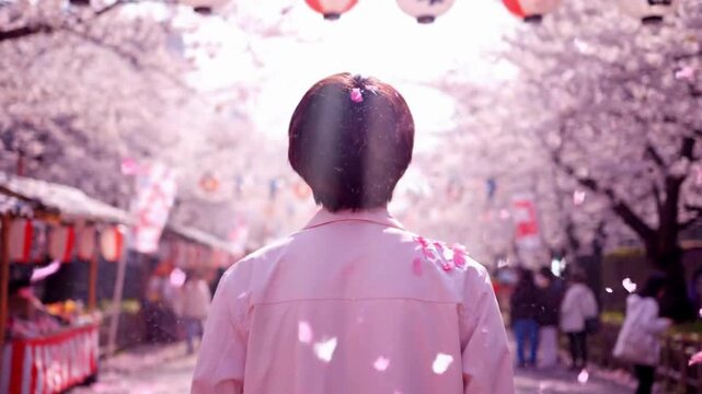 Person Walking Through Cherry Blossom Festival Scene.