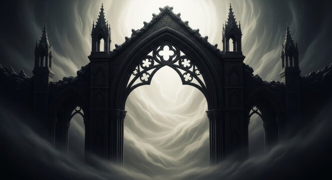 Gothic Archway Entrance to Ethereal Sky, Mysterious Castle Ruins, Dark Fantasy