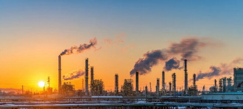 The Refinery at Sunset with Smoking Chimneys and Industrial Skyline under a Clear Sky