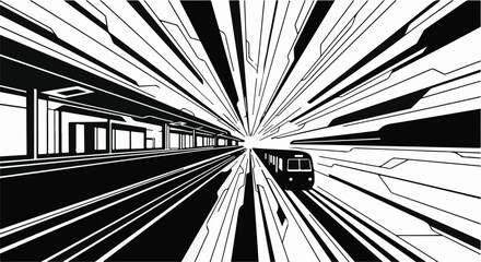 A high-contrast, black and white vector illustration depicts a subway train accelerating rapidly through a futuristic, angular station tunnel emphasizing speed and motion.