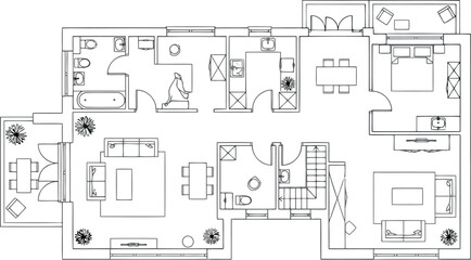A blurry black and white floor plan image of a large house isolated on transparent background © SampaRani