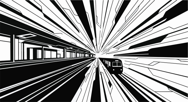 A high-contrast, black and white vector illustration depicts a subway train accelerating rapidly through a futuristic, angular station tunnel emphasizing speed and motion.