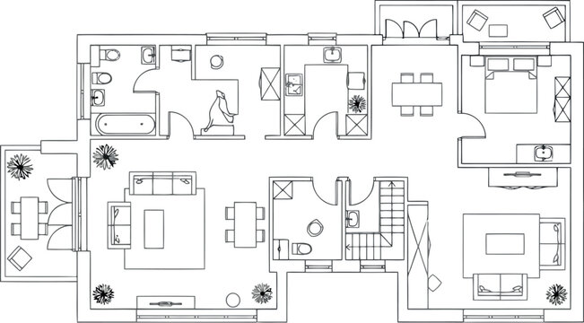 A blurry black and white floor plan image of a large house isolated on transparent background