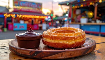 Golden Churro Doughnut with Cinnamon Sugar and Chocolate Dip Served Outdoors at a Food Stall