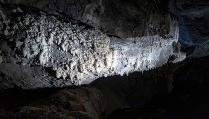Intricate mineral deposits and stalactites forming within a dark, porous cave environment, showcasing geological wonders.