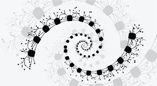 A black and white logarithmic spiral illustration features repeating, interconnected nodes suggesting complex data flow or biological growth patterns on a bright white background.