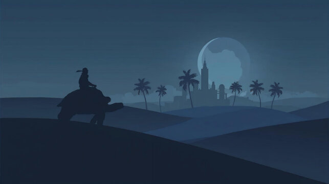 illustration of a lone rider on a galapagos turtle is crossing sand dunes. In the background, a grand city skycraper and palm trees 